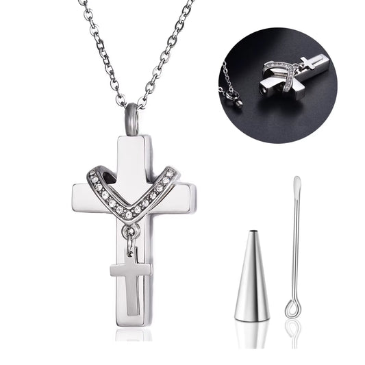 Unisex Stainless Steel Cremation Double Cross Pendant Necklace for Ashes Memorial Keepsake
