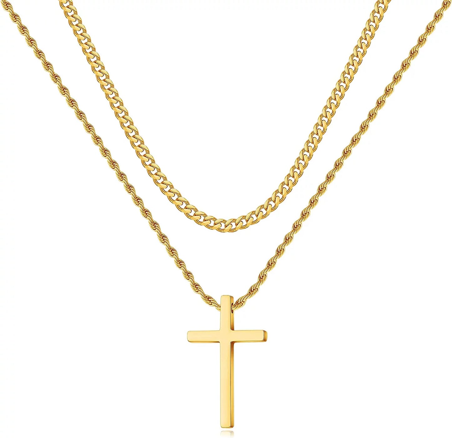 Men’s Stainless Steel Cross Necklace – Layered Cuban & Rope Chains, Black/Silver/Gold, 16–26 Inches