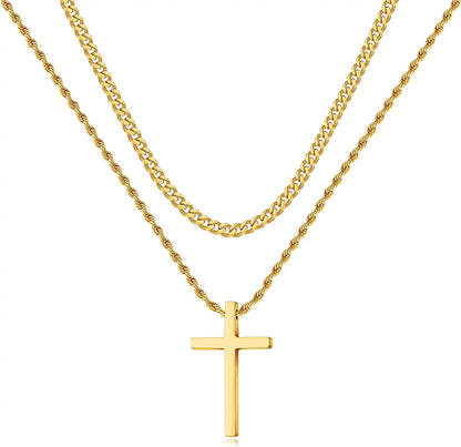 Men’s Stainless Steel Cross Necklace – Layered Cuban & Rope Chains, Black/Silver/Gold, 16–26 Inches