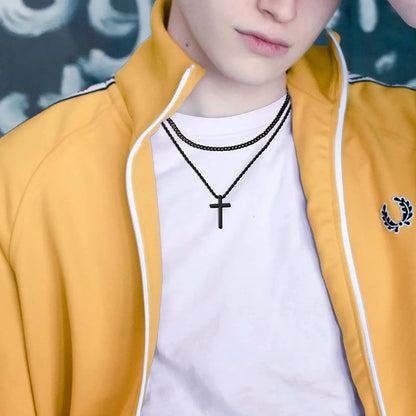 Men’s Stainless Steel Cross Necklace – Layered Cuban & Rope Chains, Black/Silver/Gold, 16–26 Inches