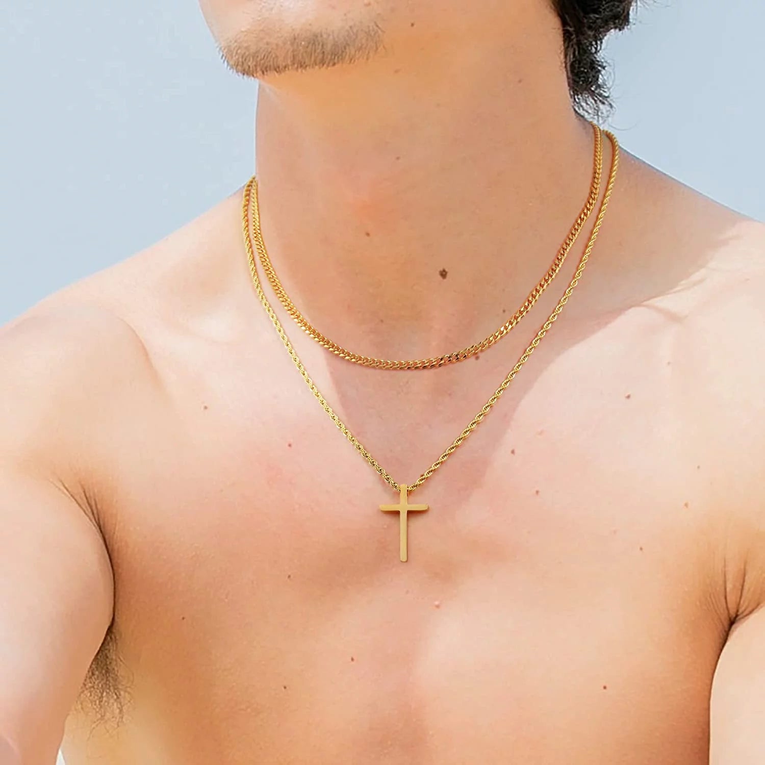 Men’s Stainless Steel Cross Necklace – Layered Cuban & Rope Chains, Black/Silver/Gold, 16–26 Inches