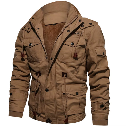Men'S Hooded Winter Jackets Plush Thickened Coat Autumn Large Tactical Cotton Medium and Long Work Clothes Bomber Tactical Coats