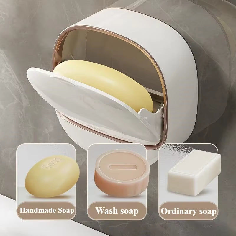 Wall-Mounted Bathroom Soap Box with Lid – Waterproof ABS Soap Dish & Storage Organizer