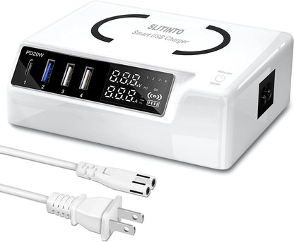 65W 4-Port USB Charging Station – PD 20W & QC3.0, LCD Display, Multi-Device Charger for iPhone, iPad, Huawei & More