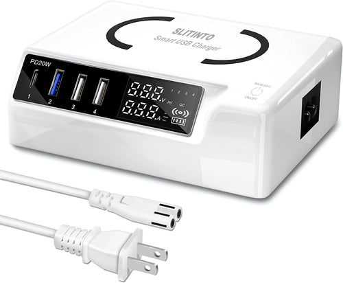 65W 4-Port USB Charging Station – PD 20W & QC3.0, LCD Display, Multi-Device Charger for iPhone, iPad, Huawei & More