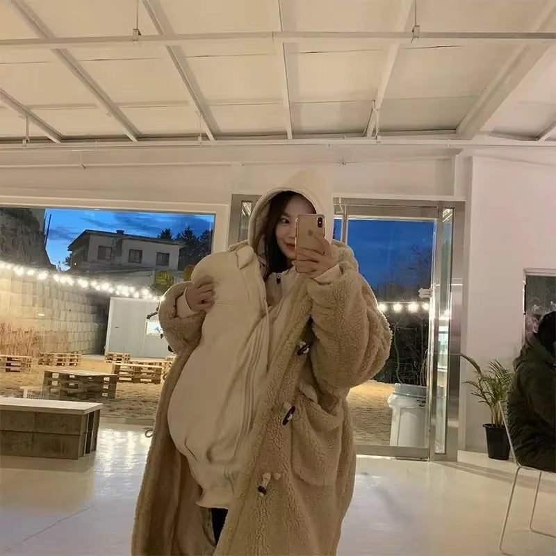 Maternity Winter Jacket – Kangaroo Coat with Baby Carrier, Casual Hooded Mommy Outerwear