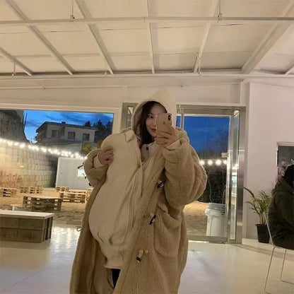 Maternity Winter Jacket – Kangaroo Coat with Baby Carrier, Casual Hooded Mommy Outerwear