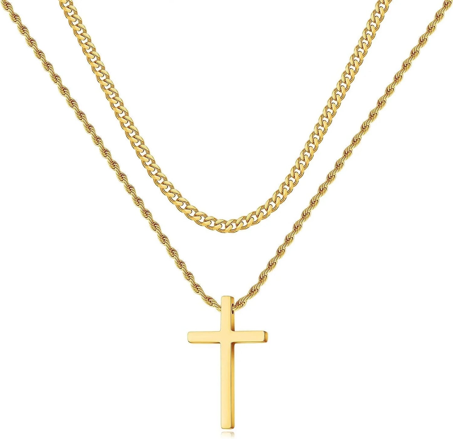 Men’s Stainless Steel Cross Necklace – Layered Cuban & Rope Chains, Black/Silver/Gold, 16–26 Inches