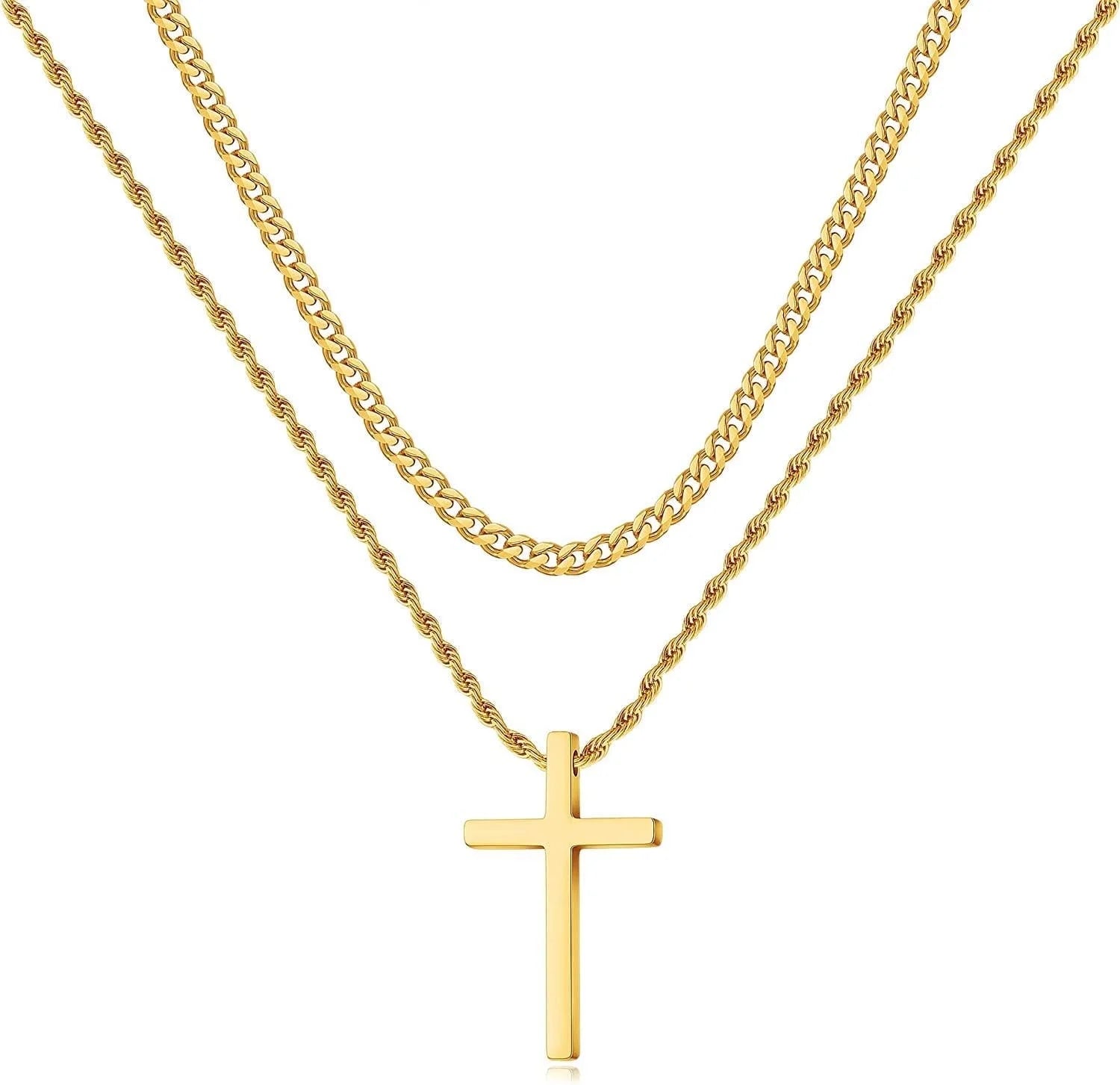 Men’s Stainless Steel Cross Necklace – Layered Cuban & Rope Chains, Black/Silver/Gold, 16–26 Inches