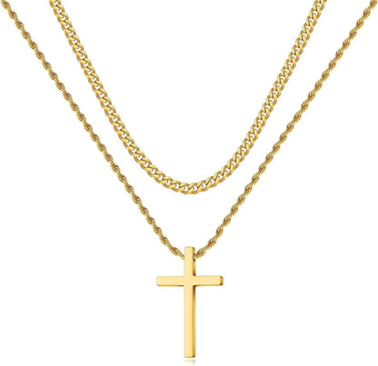 Men’s Stainless Steel Cross Necklace – Layered Cuban & Rope Chains, Black/Silver/Gold, 16–26 Inches