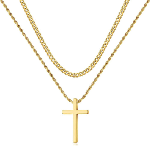 Men’s Stainless Steel Cross Necklace – Layered Cuban & Rope Chains, Black/Silver/Gold, 16–26 Inches