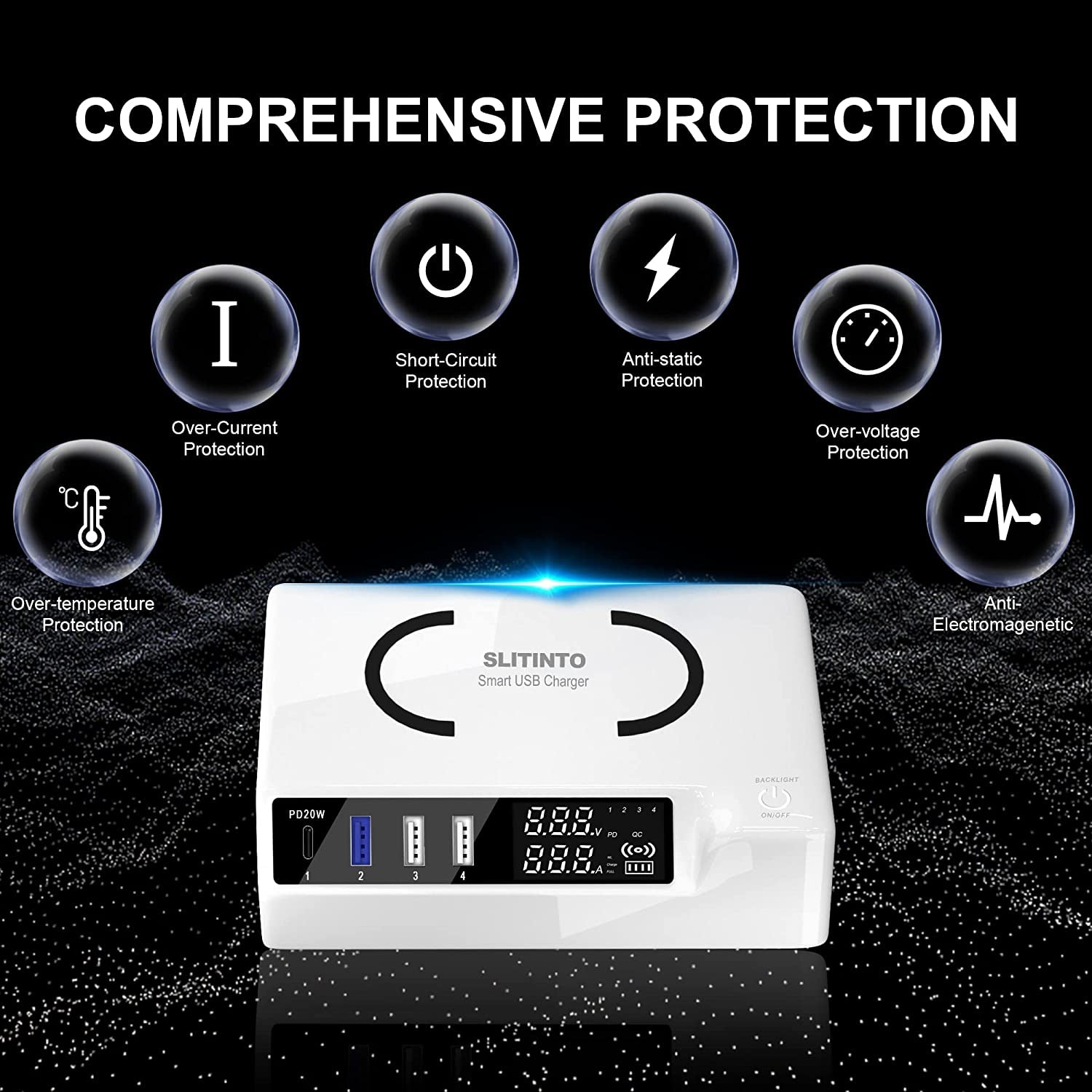 65W 4-Port USB Charging Station – PD 20W & QC3.0, LCD Display, Multi-Device Charger for iPhone, iPad, Huawei & More